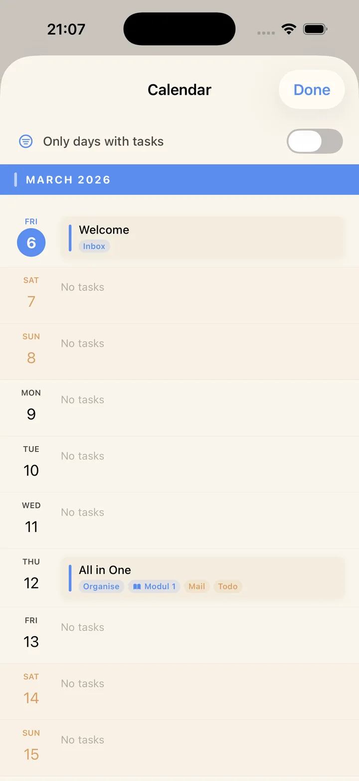 NowOne weekly calendar view showing task deadlines on a timeline