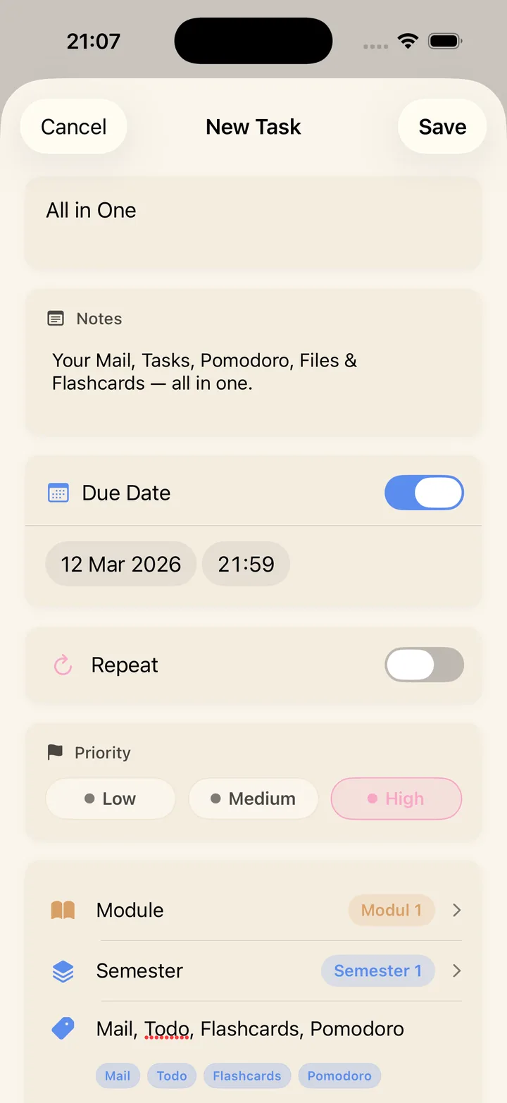 NowOne task creation linking flashcards, Pomodoro and due dates